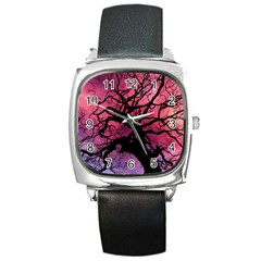 Trees Silhouette Sky Clouds Sunset Square Metal Watch