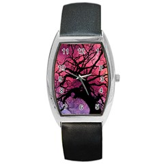 Trees Silhouette Sky Clouds Sunset Barrel Style Metal Watch