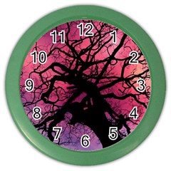 Trees Silhouette Sky Clouds Sunset Color Wall Clock