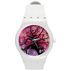 Trees Silhouette Sky Clouds Sunset Round Plastic Sport Watch (m) by Bangk1t