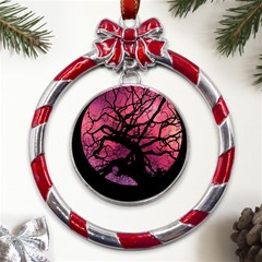 Trees Silhouette Sky Clouds Sunset Metal Red Ribbon Round Ornament