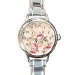 Roses Plants Vintage Retro Flowers Pattern Round Italian Charm Watch Front