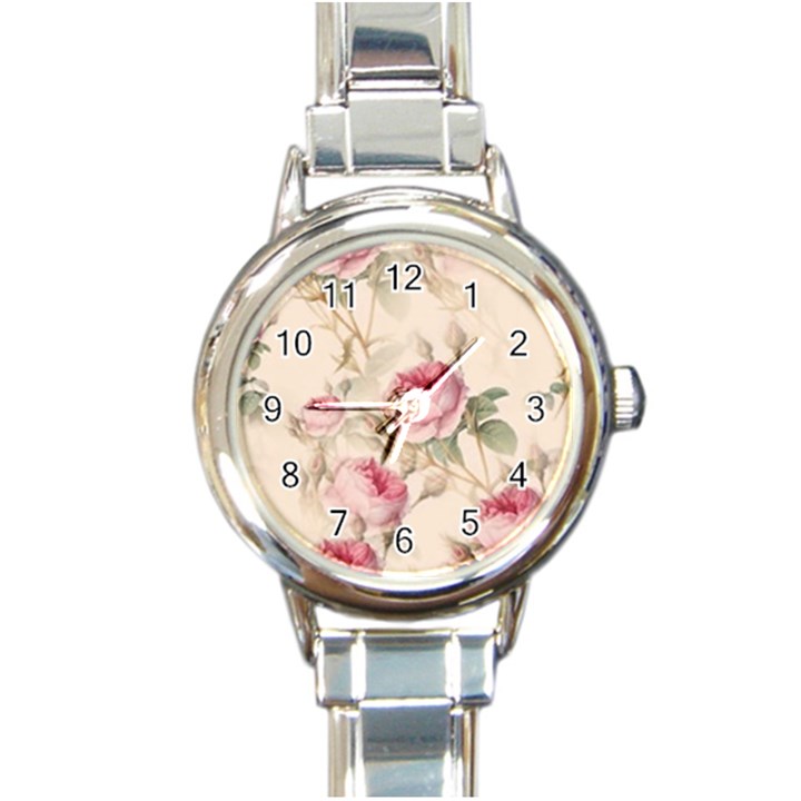 Roses Plants Vintage Retro Flowers Pattern Round Italian Charm Watch