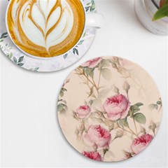 Roses Plants Vintage Retro Flowers Pattern Uv Print Round Tile Coaster by Bangk1t