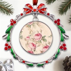 Roses Plants Vintage Retro Flowers Pattern Metal X mas Wreath Ribbon Ornament