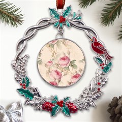 Roses Plants Vintage Retro Flowers Pattern Metal X mas Wreath Holly Leaf Ornament