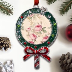 Roses Plants Vintage Retro Flowers Pattern Metal X mas Lollipop With Crystal Ornament