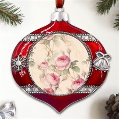 Roses Plants Vintage Retro Flowers Pattern Metal Snowflake And Bell Red Ornament