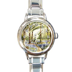 Trees Park Watercolor Lavender Flowers Foliage Round Italian Charm Watch by Bangk1t