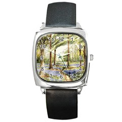 Trees Park Watercolor Lavender Flowers Foliage Square Metal Watch by Bangk1t