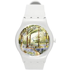 Trees Park Watercolor Lavender Flowers Foliage Round Plastic Sport Watch (m) by Bangk1t