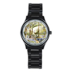 Trees Park Watercolor Lavender Flowers Foliage Stainless Steel Round Watch by Bangk1t