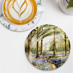 Trees Park Watercolor Lavender Flowers Foliage Uv Print Round Tile Coaster by Bangk1t