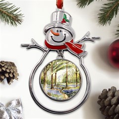 Trees Park Watercolor Lavender Flowers Foliage Metal Snowman Ornament