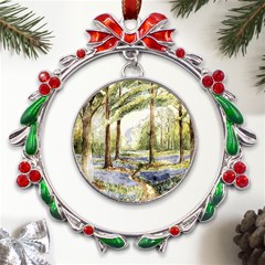 Trees Park Watercolor Lavender Flowers Foliage Metal X mas Wreath Ribbon Ornament