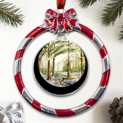 Trees Park Watercolor Lavender Flowers Foliage Metal Red Ribbon Round Ornament