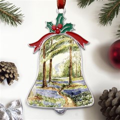 Trees Park Watercolor Lavender Flowers Foliage Metal Holly Leaf Bell Ornament