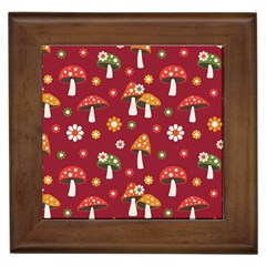 Woodland Mushroom And Daisy Seamless Pattern On Red Backgrounds Framed Tile by Amaryn4rt