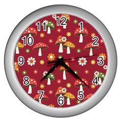 Woodland Mushroom And Daisy Seamless Pattern On Red Backgrounds Wall Clock (silver) by Amaryn4rt