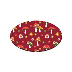 Woodland Mushroom And Daisy Seamless Pattern On Red Backgrounds Sticker (oval) by Amaryn4rt