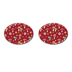 Woodland Mushroom And Daisy Seamless Pattern On Red Backgrounds Cufflinks (oval) by Amaryn4rt