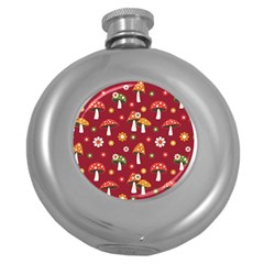 Woodland Mushroom And Daisy Seamless Pattern On Red Backgrounds Round Hip Flask (5 Oz) by Amaryn4rt