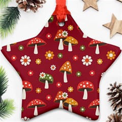 Woodland Mushroom And Daisy Seamless Pattern On Red Backgrounds Star Ornament (two Sides)