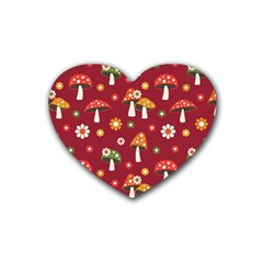 Woodland Mushroom And Daisy Seamless Pattern On Red Backgrounds Rubber Coaster (heart) by Amaryn4rt