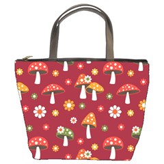 Woodland Mushroom And Daisy Seamless Pattern On Red Backgrounds Bucket Bag by Amaryn4rt