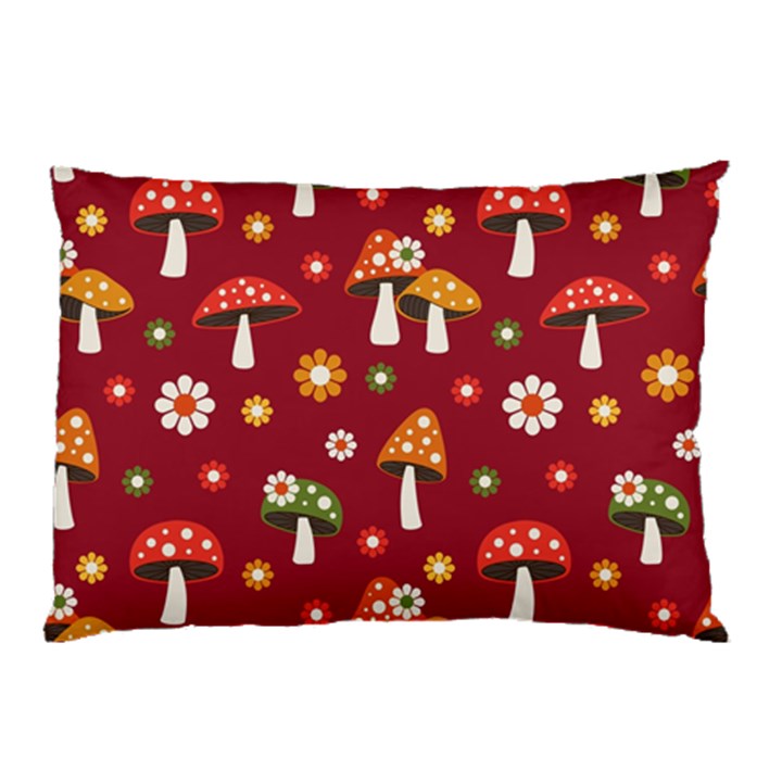 Woodland Mushroom And Daisy Seamless Pattern On Red Backgrounds Pillow Case