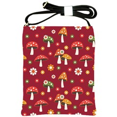 Woodland Mushroom And Daisy Seamless Pattern On Red Backgrounds Shoulder Sling Bag by Amaryn4rt