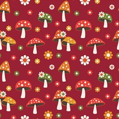 Woodland Mushroom And Daisy Seamless Pattern On Red Backgrounds Play Mat (square) by Amaryn4rt