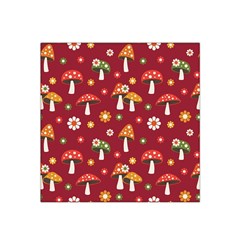 Woodland Mushroom And Daisy Seamless Pattern On Red Backgrounds Satin Bandana Scarf 22  X 22  by Amaryn4rt