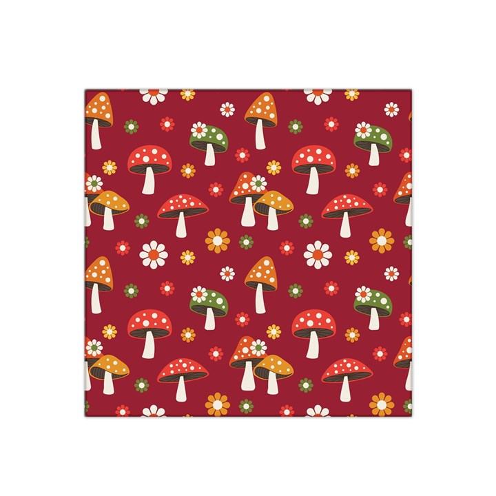 Woodland Mushroom And Daisy Seamless Pattern On Red Backgrounds Satin Bandana Scarf 22  x 22 