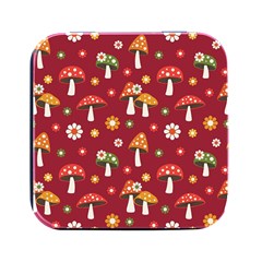 Woodland Mushroom And Daisy Seamless Pattern On Red Backgrounds Square Metal Box (black) by Amaryn4rt