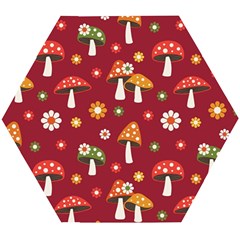 Woodland Mushroom And Daisy Seamless Pattern On Red Backgrounds Wooden Puzzle Hexagon by Amaryn4rt