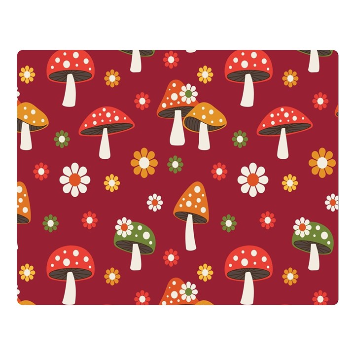 Woodland Mushroom And Daisy Seamless Pattern On Red Backgrounds Premium Plush Fleece Blanket (Large)