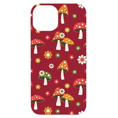 Woodland Mushroom And Daisy Seamless Pattern On Red Backgrounds Iphone 14 Black Uv Print Case by Amaryn4rt