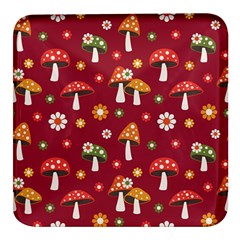 Woodland Mushroom And Daisy Seamless Pattern On Red Backgrounds Square Glass Fridge Magnet (4 Pack) by Amaryn4rt