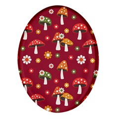 Woodland Mushroom And Daisy Seamless Pattern On Red Backgrounds Oval Glass Fridge Magnet (4 Pack)