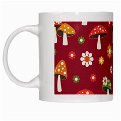 Woodland Mushroom And Daisy Seamless Pattern On Red Backgrounds White Mug by Amaryn4rt