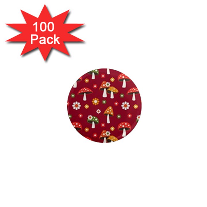 Woodland Mushroom And Daisy Seamless Pattern On Red Backgrounds 1  Mini Magnets (100 pack) 