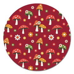 Woodland Mushroom And Daisy Seamless Pattern On Red Backgrounds Magnet 5  (round) by Amaryn4rt