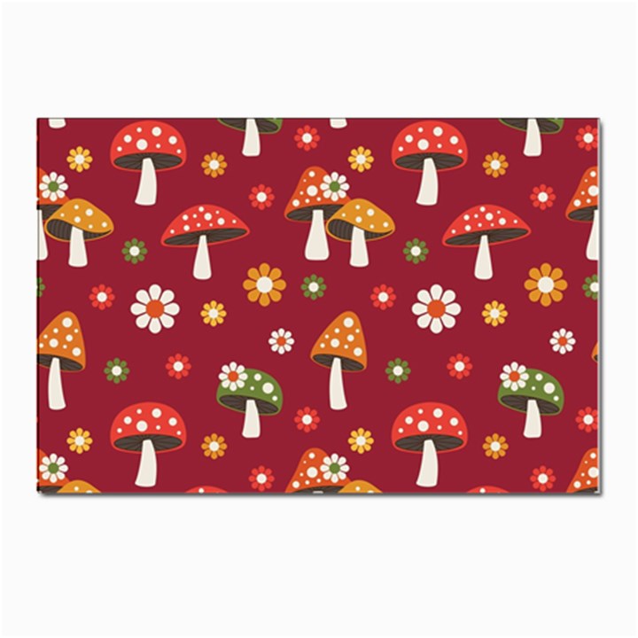 Woodland Mushroom And Daisy Seamless Pattern On Red Backgrounds Postcards 5  x 7  (Pkg of 10)