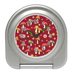 Woodland Mushroom And Daisy Seamless Pattern On Red Backgrounds Travel Alarm Clock by Amaryn4rt