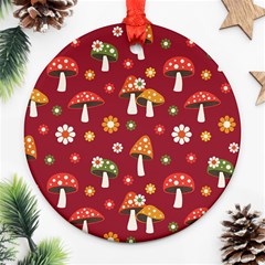 Woodland Mushroom And Daisy Seamless Pattern On Red Backgrounds Round Ornament (two Sides) by Amaryn4rt