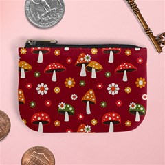 Woodland Mushroom And Daisy Seamless Pattern On Red Backgrounds Mini Coin Purse by Amaryn4rt