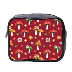 Woodland Mushroom And Daisy Seamless Pattern On Red Backgrounds Mini Toiletries Bag (two Sides) by Amaryn4rt