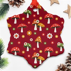 Woodland Mushroom And Daisy Seamless Pattern On Red Backgrounds Snowflake Ornament (two Sides)