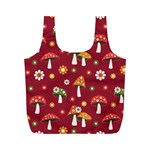 Woodland Mushroom And Daisy Seamless Pattern On Red Backgrounds Full Print Recycle Bag (M) Back